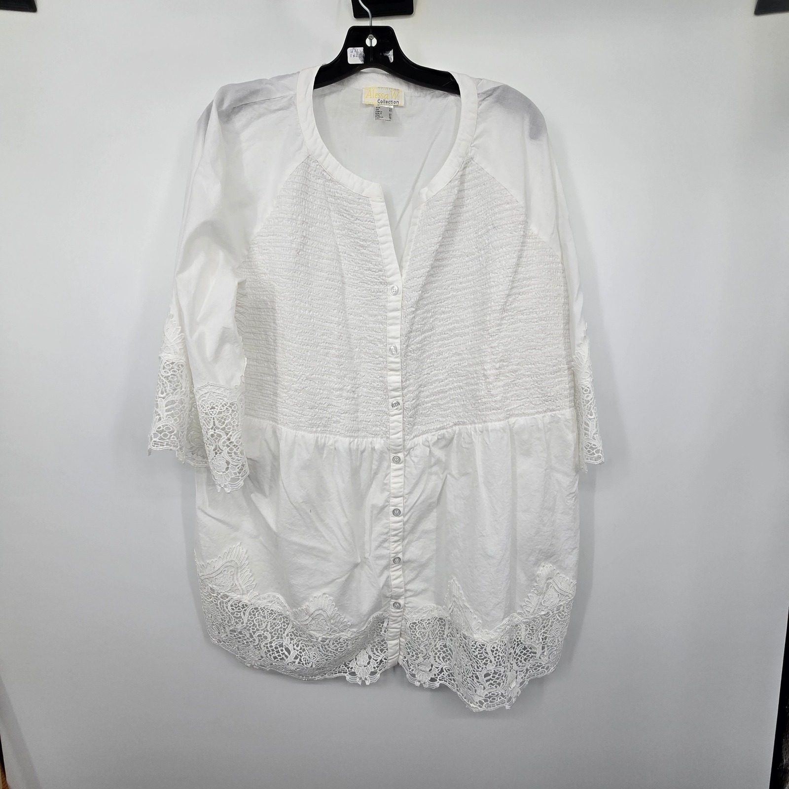 Alessa W. Collection Button Smocked Top Blouse Womens 16 White Lace Trim Boho